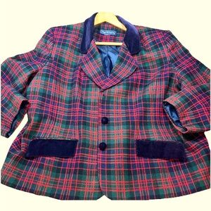 Maggie McNaughton Red Green Wool Blazer Tartan Plaid Blue Velvet Trim Holiday 2X